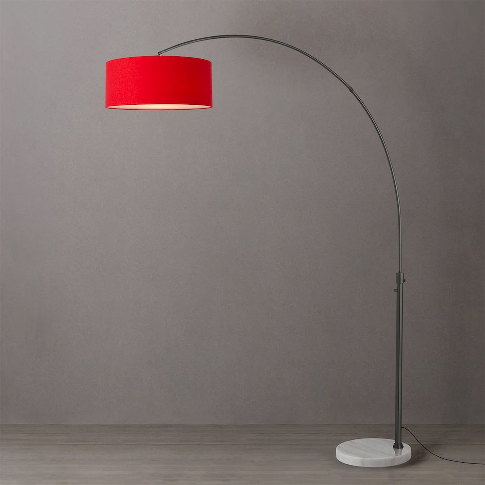 Float 92" Arc Lamp - Black Nickel, White Marble Base, Crimson Red Linen Shade. Picture 2