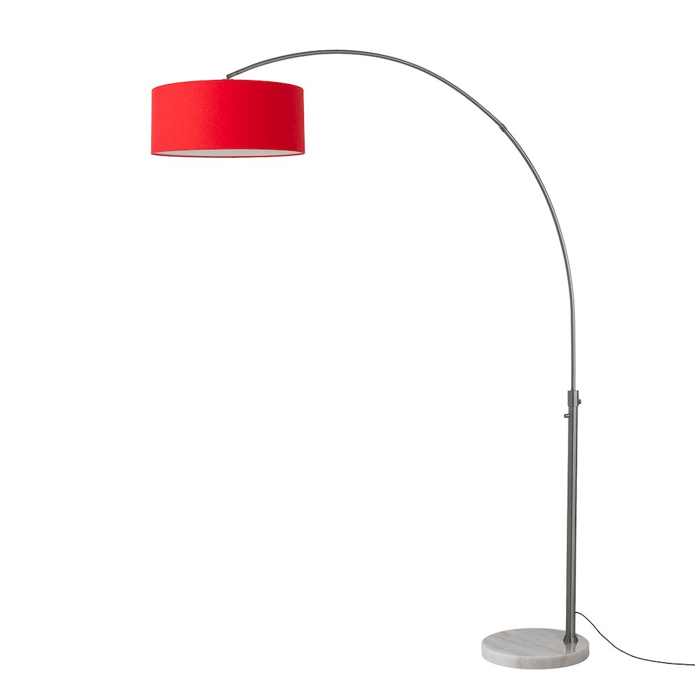 Float 92" Arc Lamp - Black Nickel, White Marble Base, Crimson Red Linen Shade. Picture 1