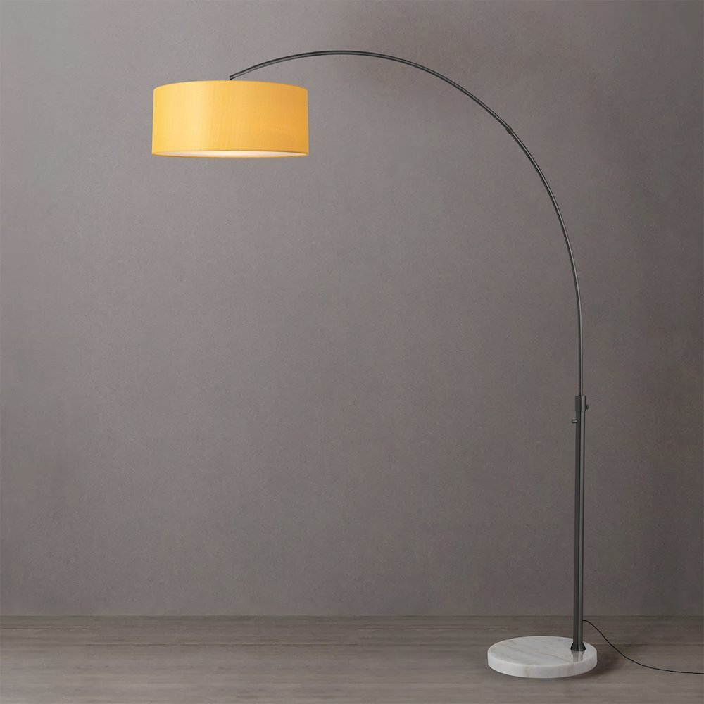 Float 92" Arc Lamp - Black Nickel, White Marble Base, Mustard Linen Shade. Picture 2