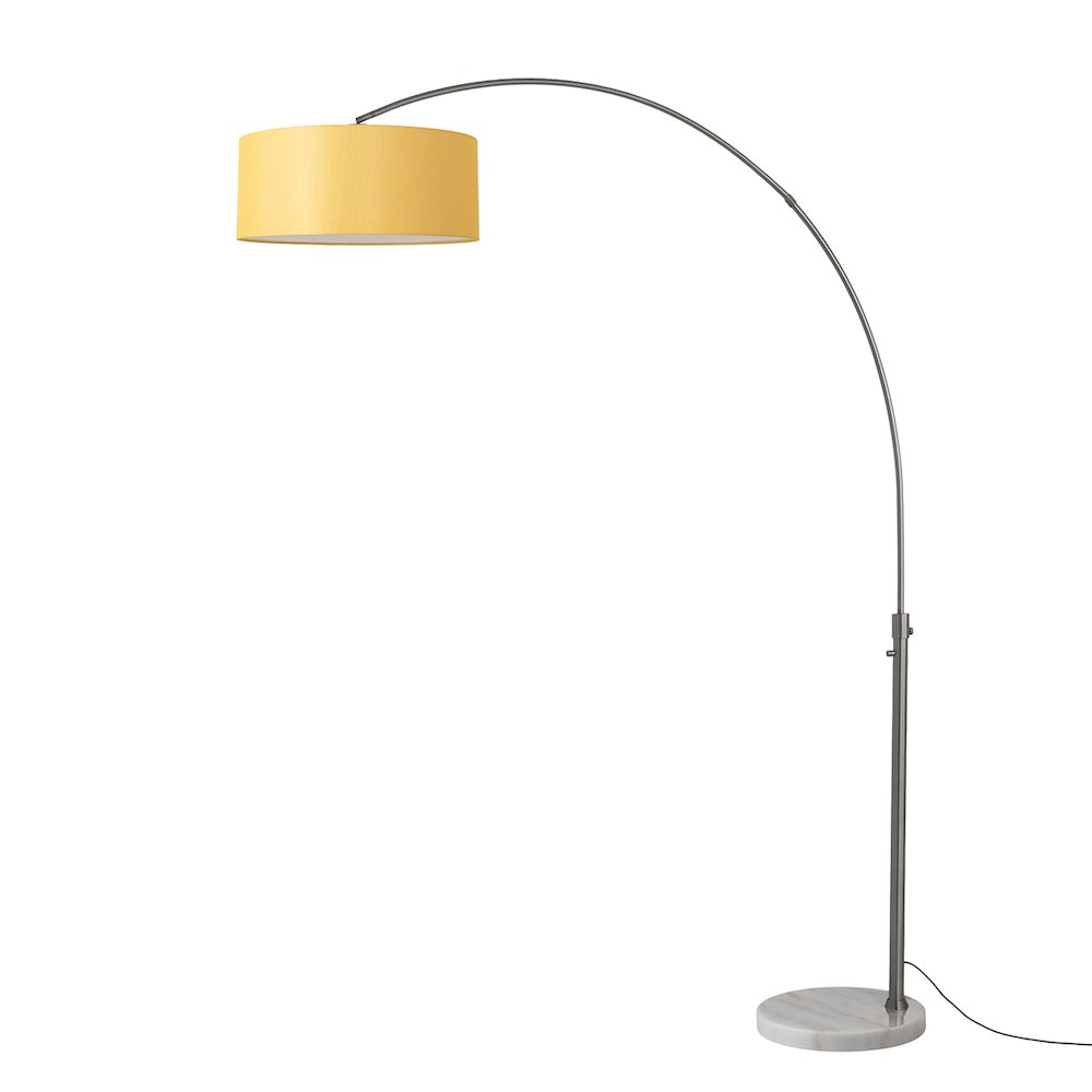 Float 92" Arc Lamp - Black Nickel, White Marble Base, Mustard Linen Shade. Picture 1