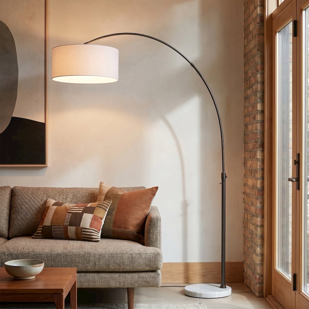 Float 92" Arc Lamp - Black Nickel, White Marble Base, White Linen Shade. Picture 2
