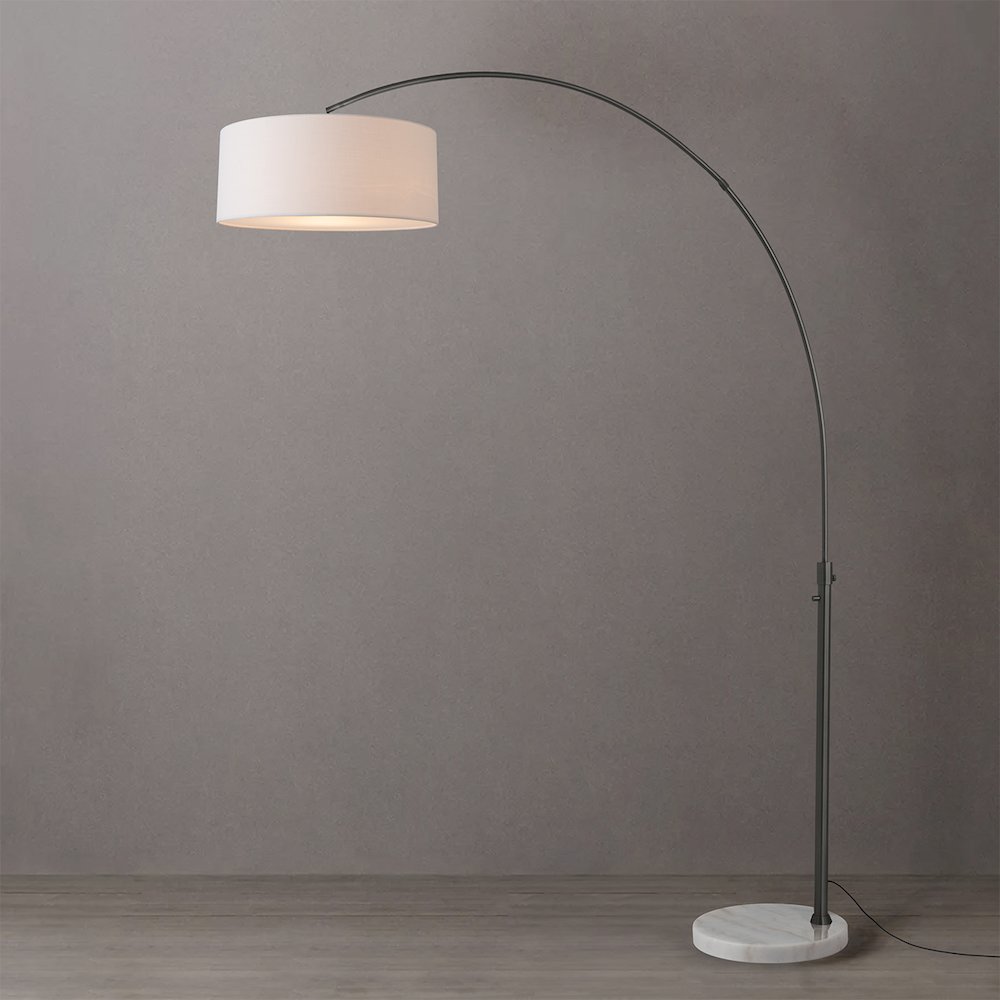 Float 92" Arc Lamp - Black Nickel, White Marble Base, White Linen Shade. Picture 3