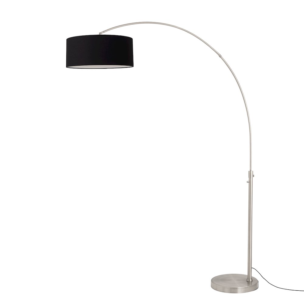 Float 92"H 1-Light Arc Lamp, Black Linen Shade, Satin Nickel Base & Body. Picture 1