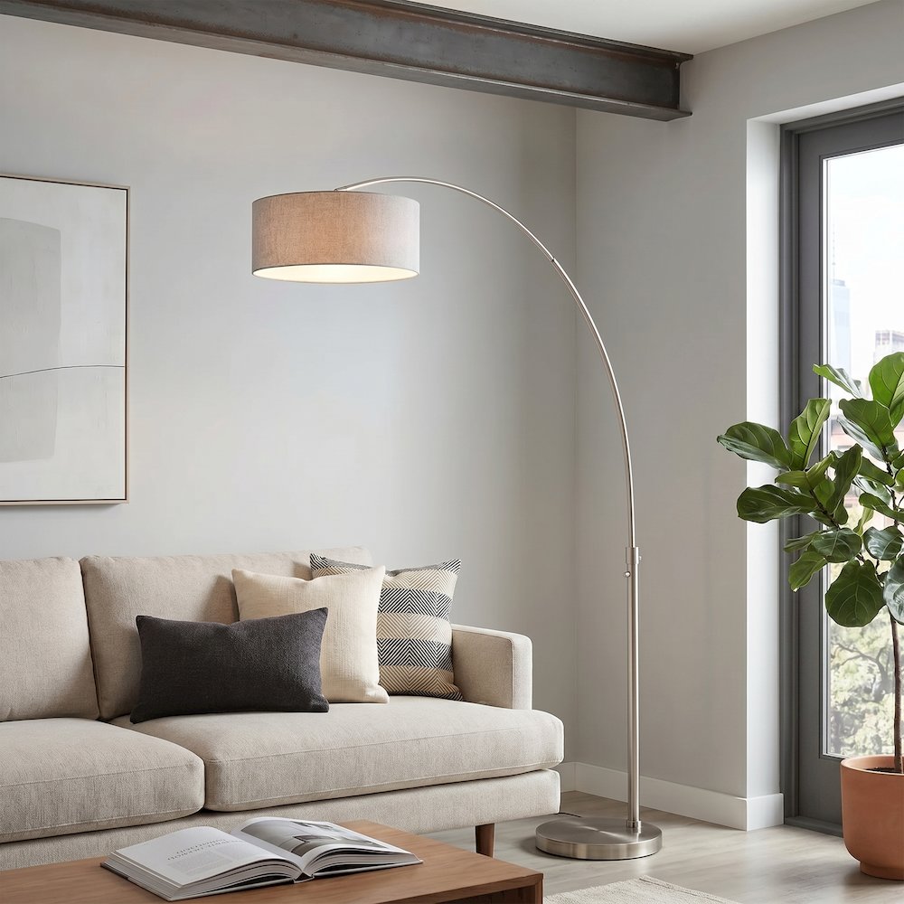Float 92" Arc Lamp - Satin Nickel, Steel Base, Cashmere Gray Linen, Dimmable. Picture 1