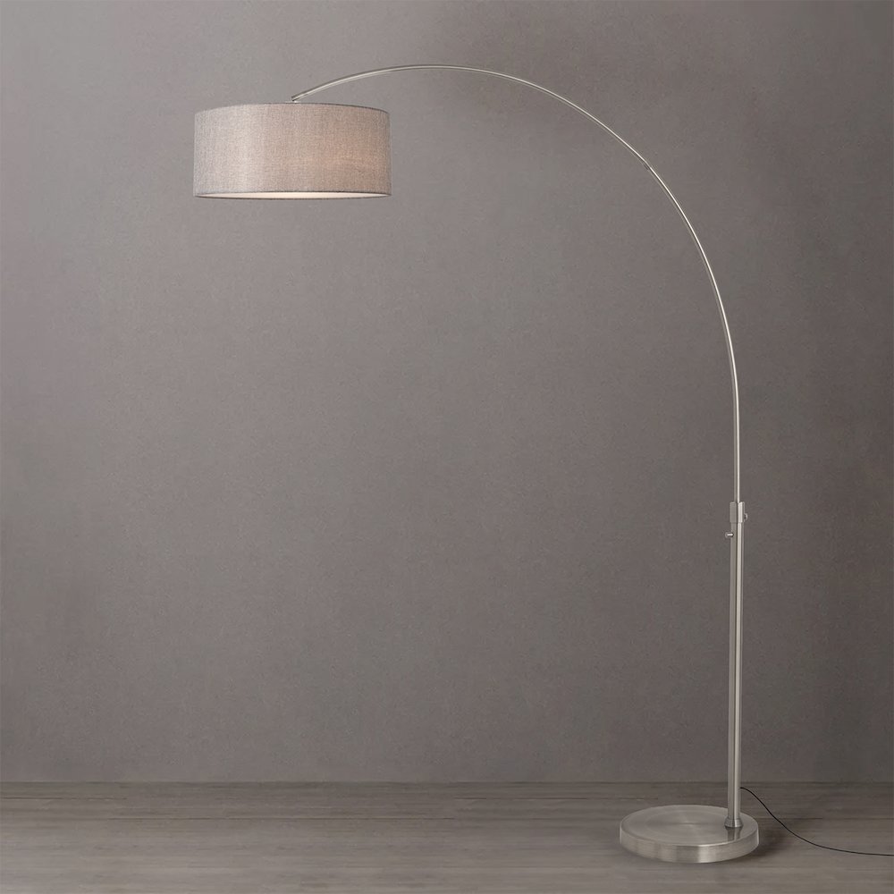 Float 92" Arc Lamp - Satin Nickel, Steel Base, Cashmere Gray Linen, Dimmable. Picture 2
