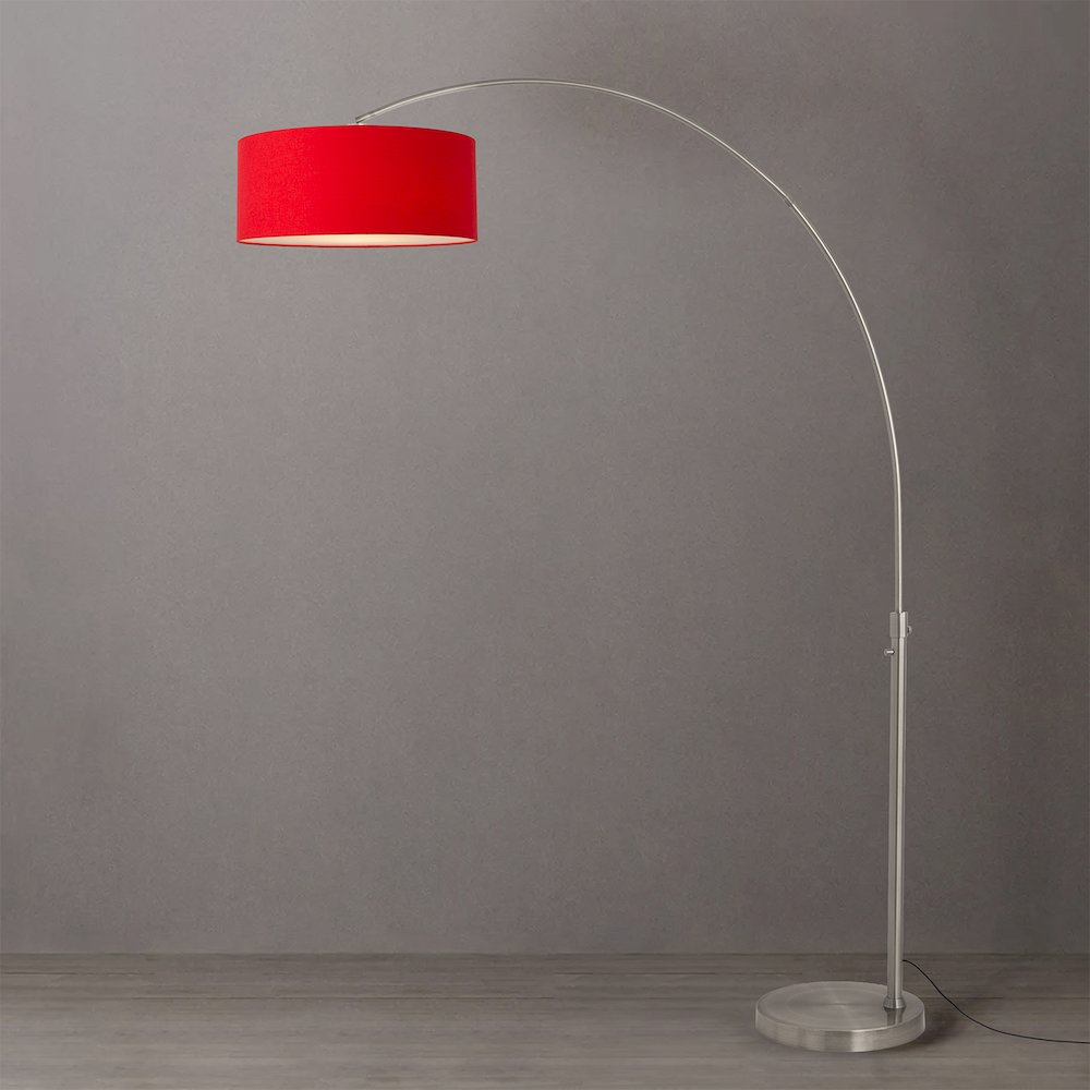 Float 92"H 1-Light Arc Lamp, Crimson Red Linen Shade, Satin Nickel Base & Body. Picture 2
