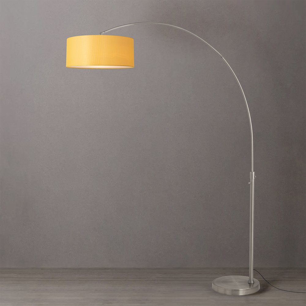 Float 92"H 1-Light Arc Lamp, Mustard Linen Shade, Satin Nickel Base & Body. Picture 2