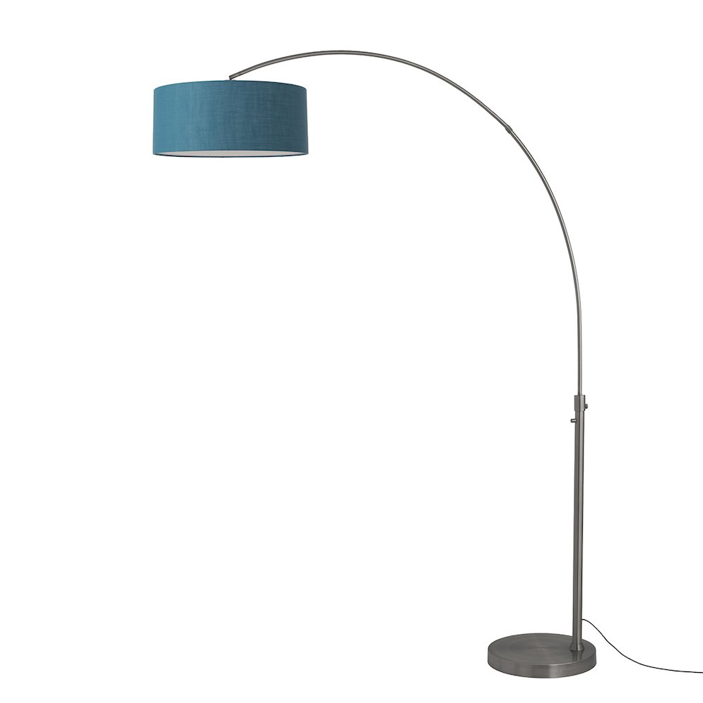 Float 92"H 1-Light Arc Lamp, Pool Blue Linen Shade, Black Nickel Base & Body. Picture 1