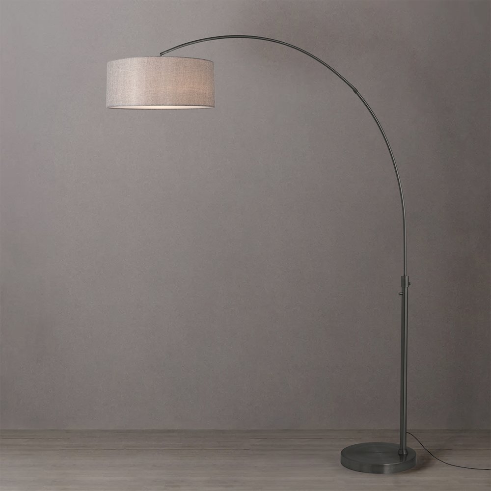Float 92"H 1-Light Arc Lamp, Cashmere Gray Linen Shade, Black Nickel Base & Body. Picture 2