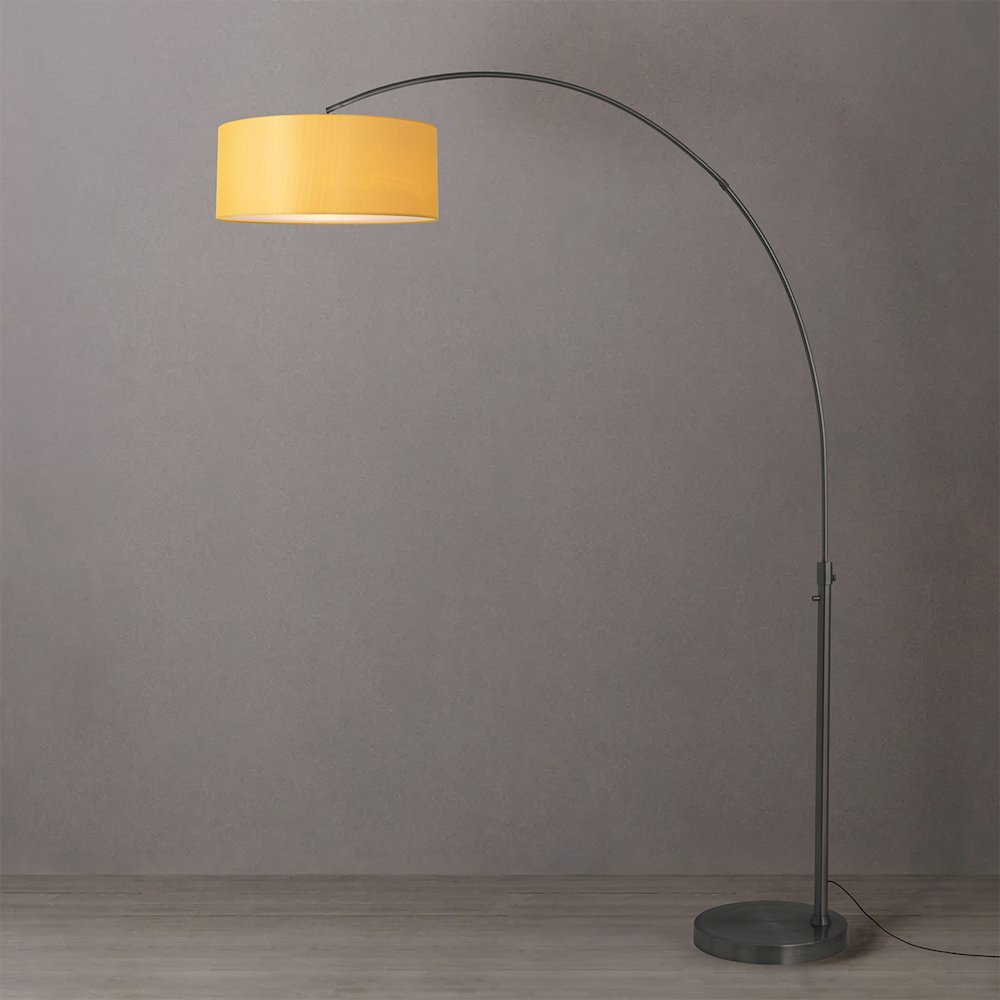 Float 92"H 1-Light Arc Lamp, Mustard Linen Shade, Black Nickel Base & Body. Picture 2