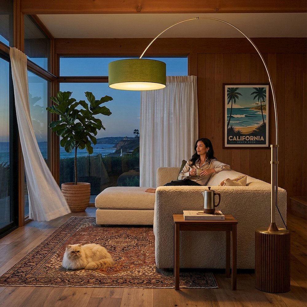 Tambo Stretch 92"H 1-Light Arc Lamp, Avocado Linen Drum Shade, Dark Walnut. Picture 2