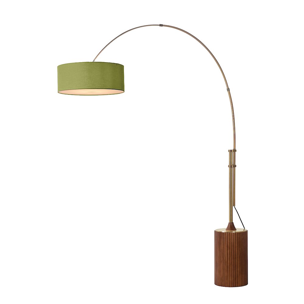 Tambo Stretch 92"H 1-Light Arc Lamp, Avocado Linen Drum Shade, Dark Walnut. Picture 1