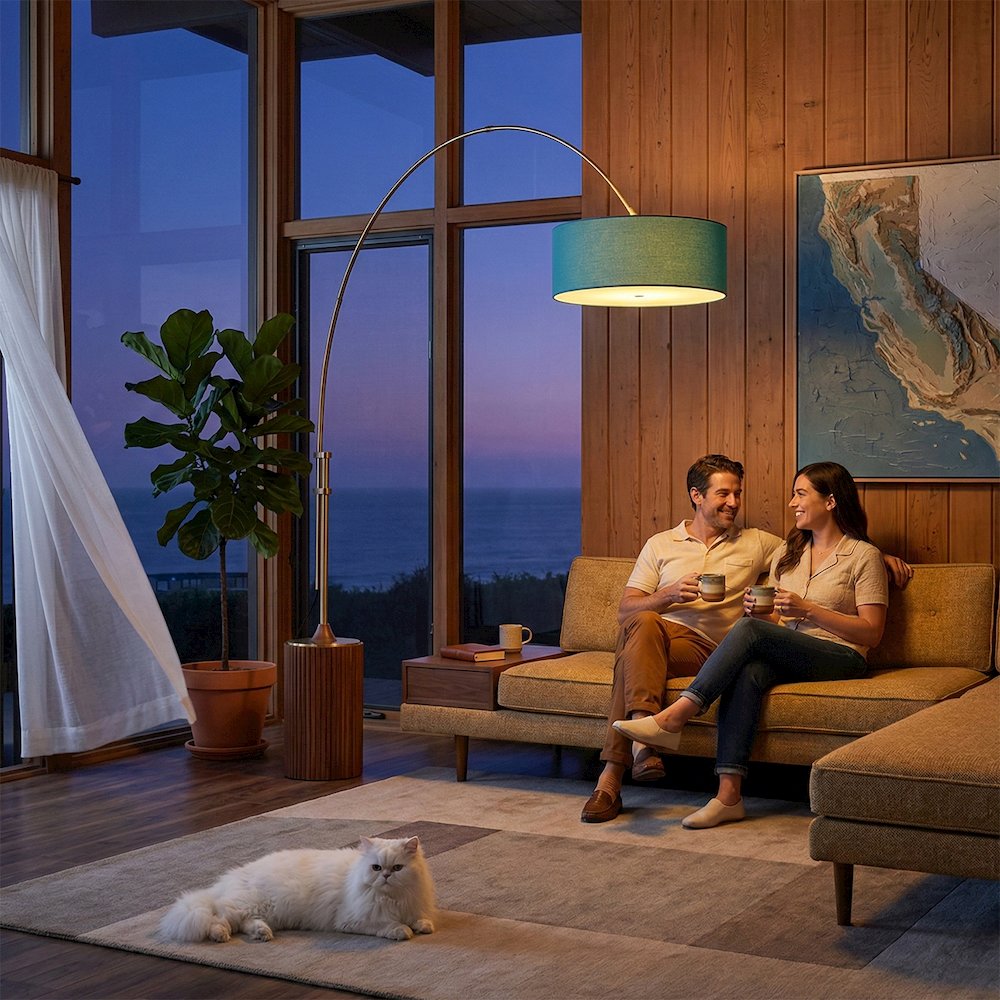 Tambo Stretch 92"H 1-Light Arc Lamp, Pool Blue Linen Drum Shade, Dark Walnut. Picture 2