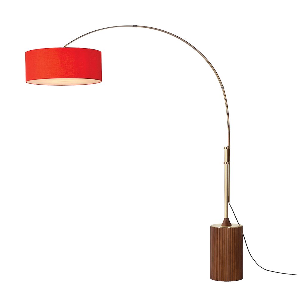 Tambo Stretch 92"H 1-Light Arc Lamp, Crimson Red Linen Drum Shade, Dark Walnut. Picture 1