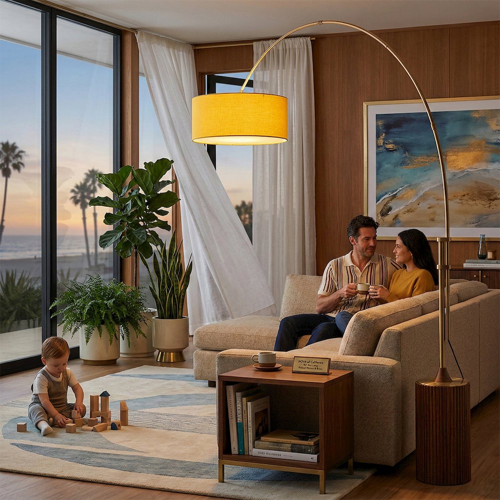 Tambo Stretch 92"H 1-Light Arc Lamp, Mustard Linen Drum Shade, Dark Walnut. Picture 2