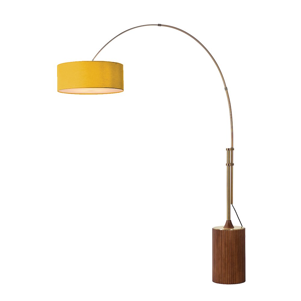 Tambo Stretch 92"H 1-Light Arc Lamp, Mustard Linen Drum Shade, Dark Walnut. Picture 1