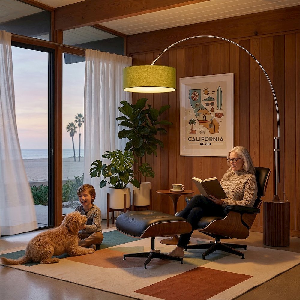 Tambo Stretch 92"H 1-Light Arc Lamp, Avocado Linen Drum Shade, Dark Walnut. Picture 2