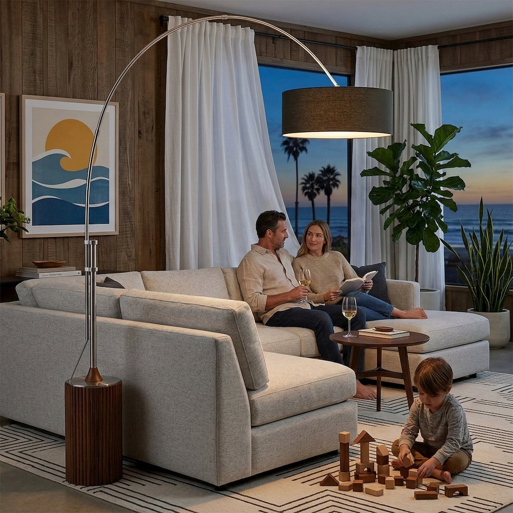 Tambo Stretch 92"H 1-Light Arc Lamp, Black Linen Drum Shade, Dark Walnut Base. Picture 2