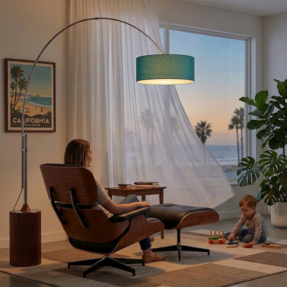 Tambo Stretch 92"H 1-Light Arc Lamp, Pool Blue Linen Drum Shade, Dark Walnut. Picture 2
