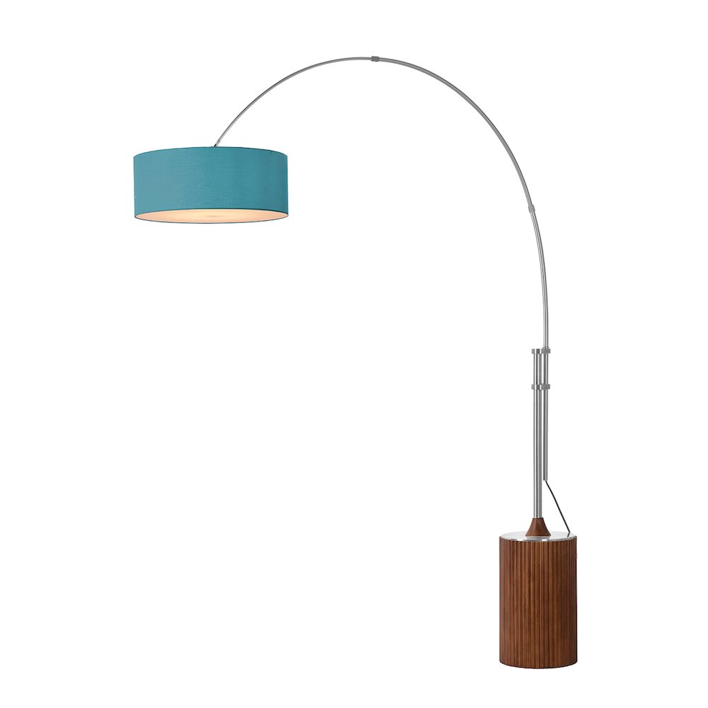 Tambo Stretch 92"H 1-Light Arc Lamp, Pool Blue Linen Drum Shade, Dark Walnut. Picture 1
