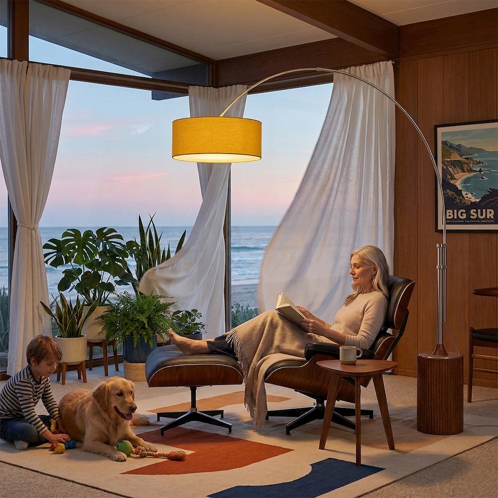 Tambo Stretch 92"H 1-Light Arc Lamp, Mustard Linen Drum Shade, Dark Walnut. Picture 2