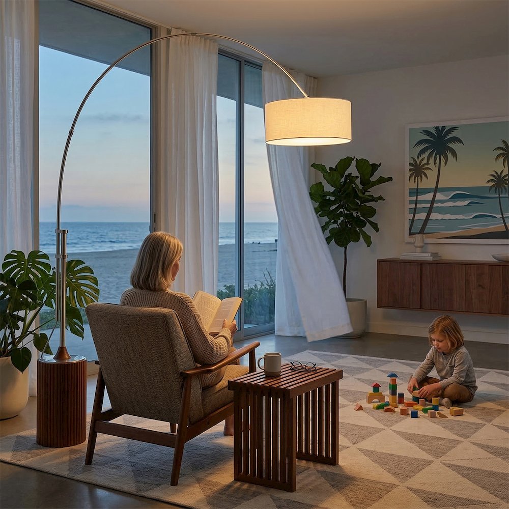 Tambo Stretch 92"H 1-Light Arc Lamp, White Linen Drum Shade, Dark Walnut Base. Picture 2
