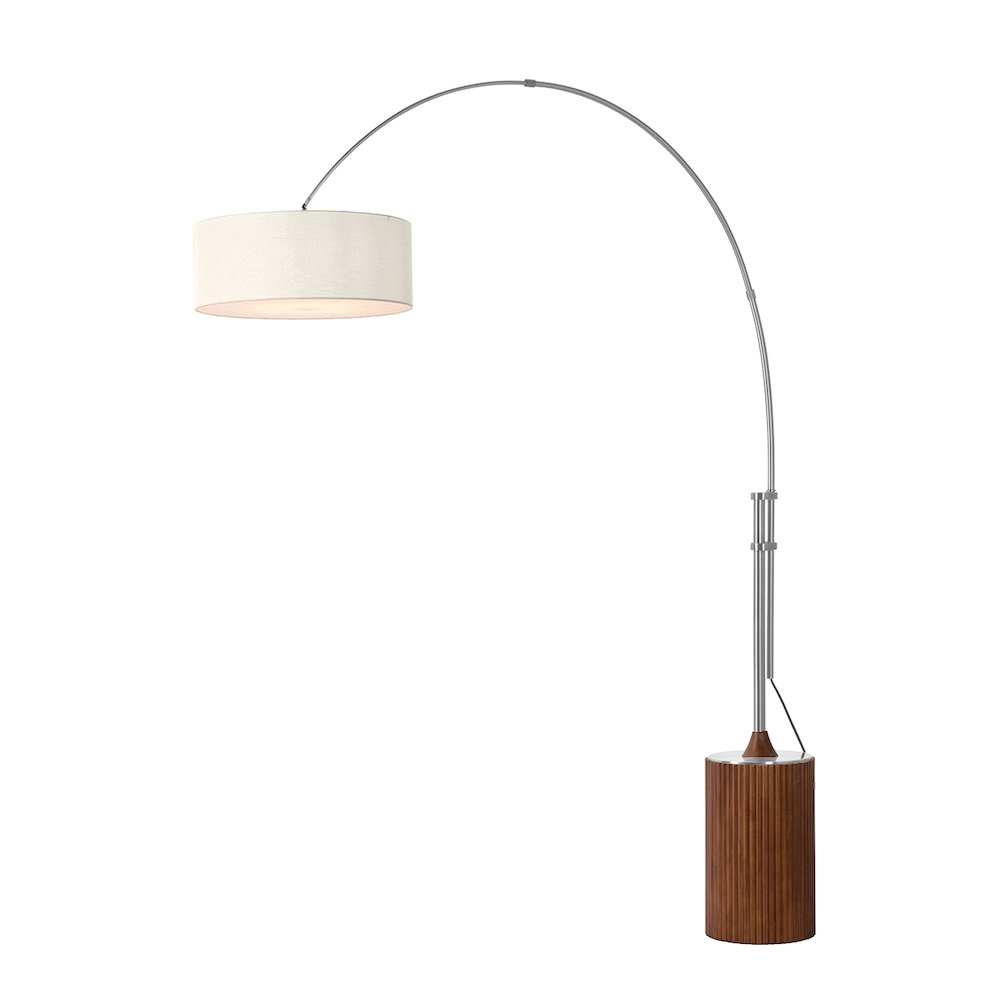 Tambo Stretch 92"H 1-Light Arc Lamp, White Linen Drum Shade, Dark Walnut Base. Picture 1