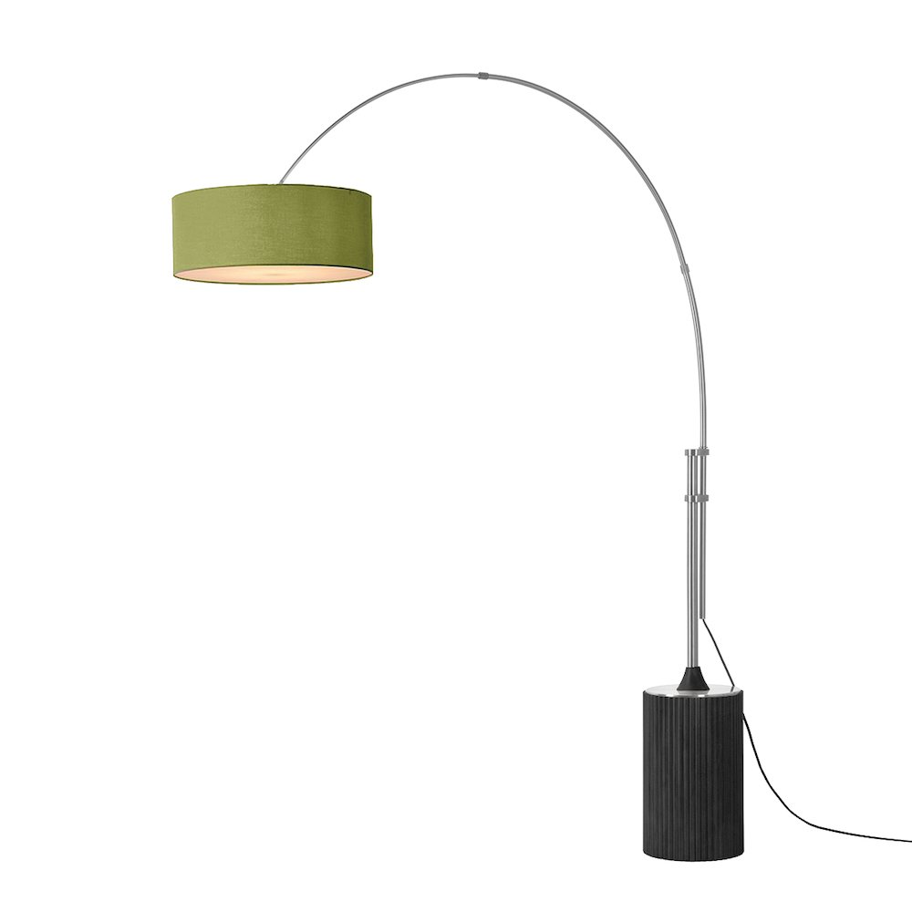 Tambo Stretch 92"H 1-Light Arc Lamp, Avocado Linen Drum Shade, Black Oak Base. Picture 1