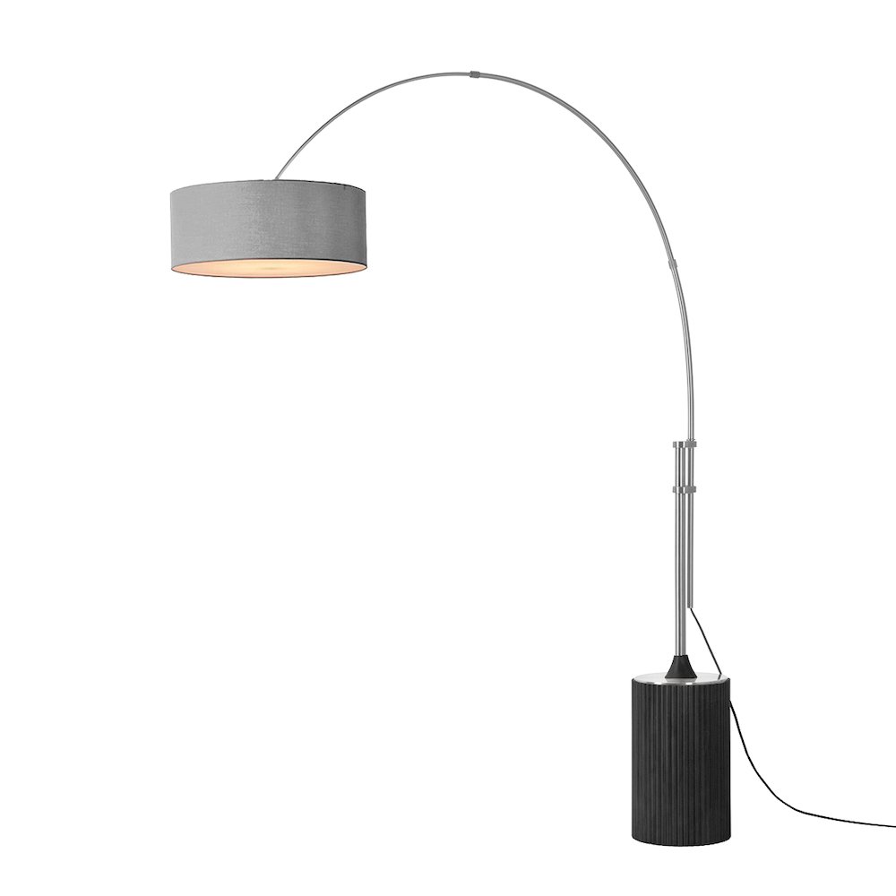 Tambo Stretch 92"H 1-Light Arc Lamp, Cashmere Gray Linen Drum Shade, Black Oak. Picture 1