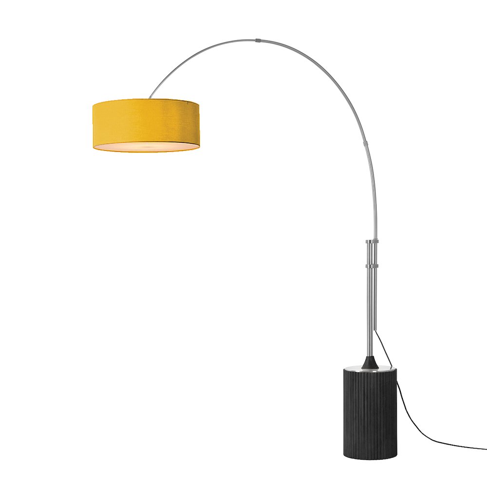 Tambo Stretch 92"H 1-Light Arc Lamp, Mustard Linen Drum Shade, Black Oak Base. Picture 1