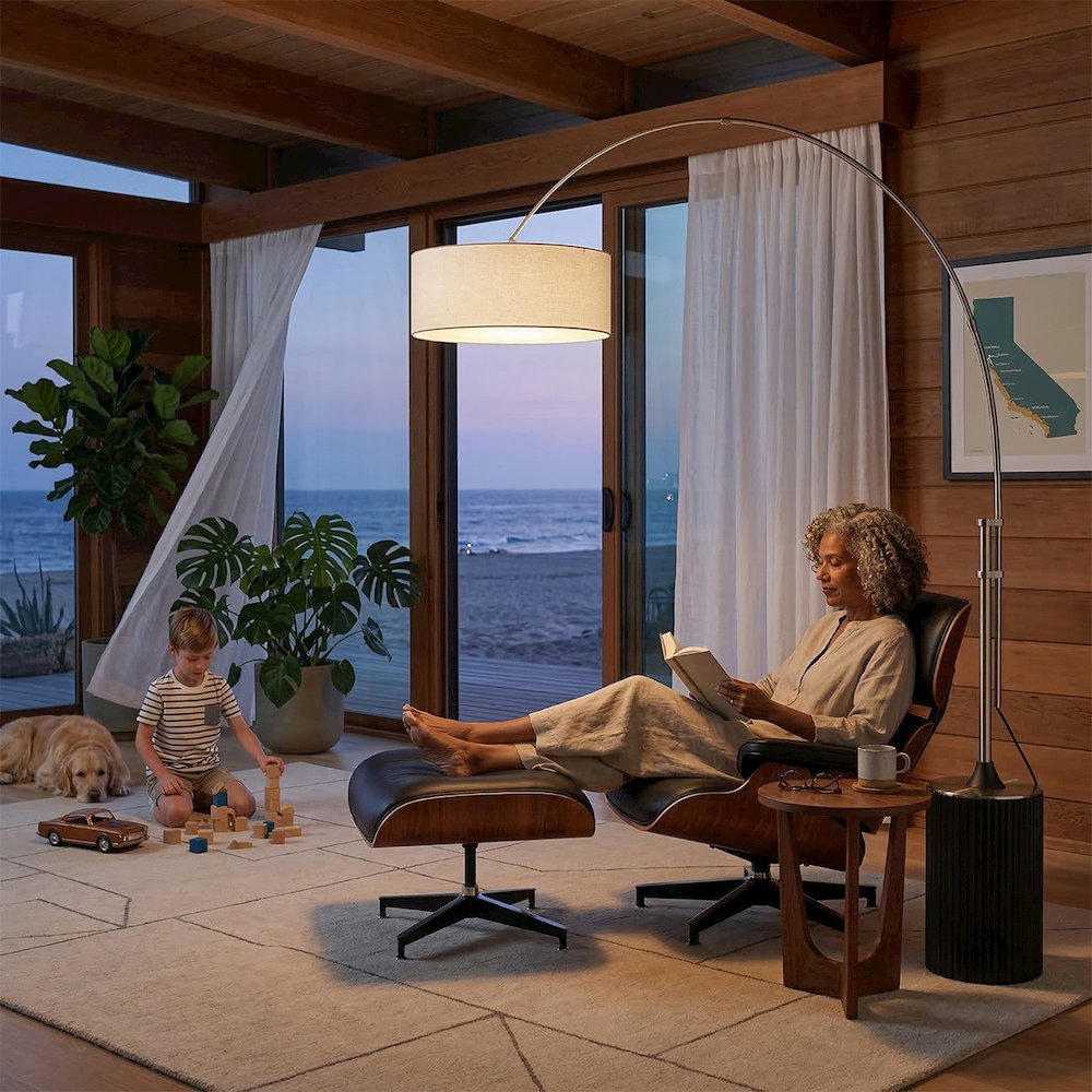 Tambo Stretch 92" Arc Lamp - Satin Nickel, Black Oak Base, White Linen Shade. Picture 2