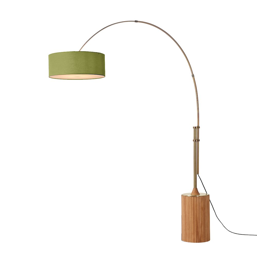 Tambo Stretch 92"H 1-Light Arc Lamp, Avocado Linen Drum Shade, Light Wood Base. Picture 1