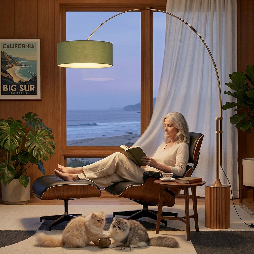 Tambo Stretch 92"H 1-Light Arc Lamp, Avocado Linen Drum Shade, Light Wood Base. Picture 2