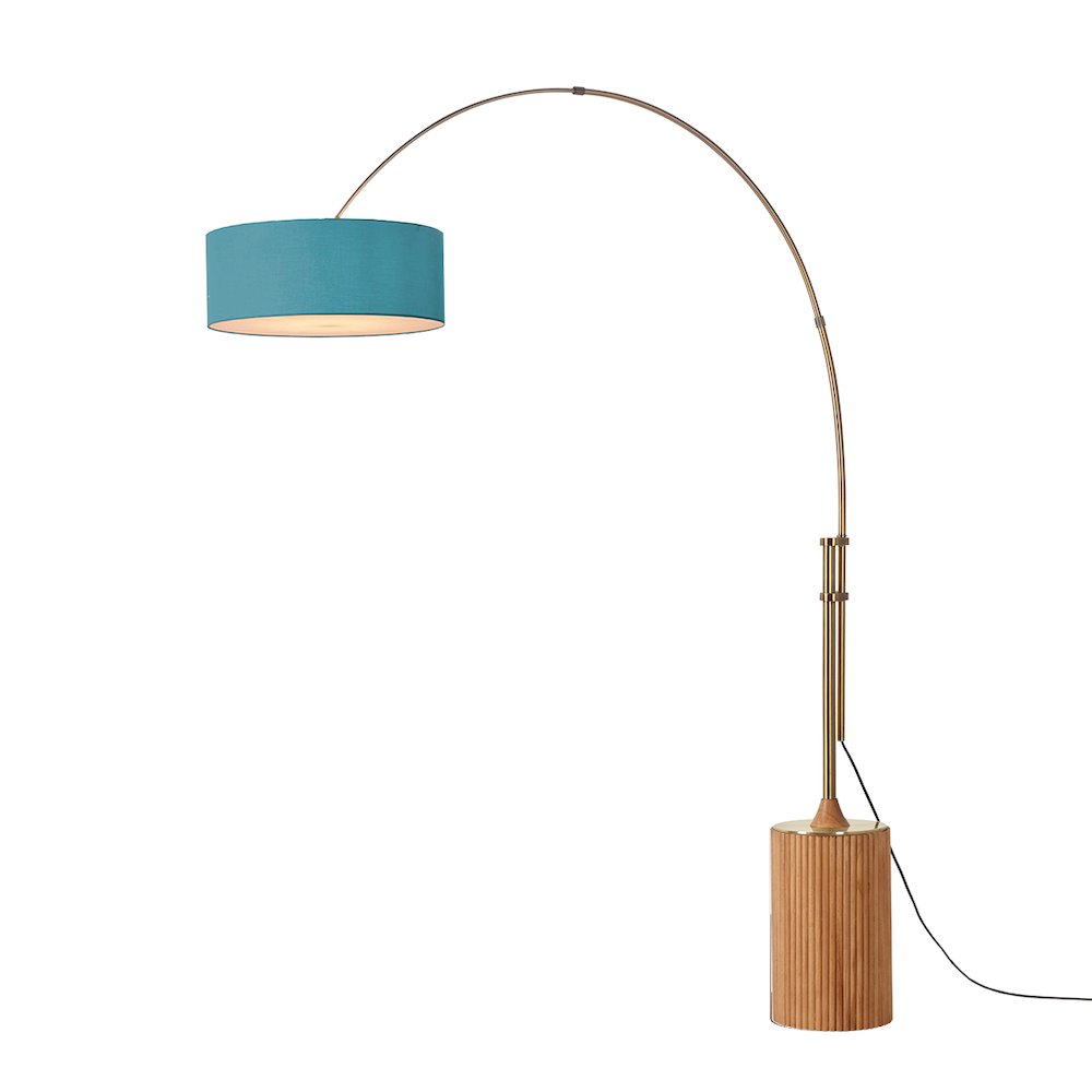 Tambo Stretch 92" Arc Lamp - Weathered Brass, Dark Walnut Base, Pool Blue Linen. Picture 1