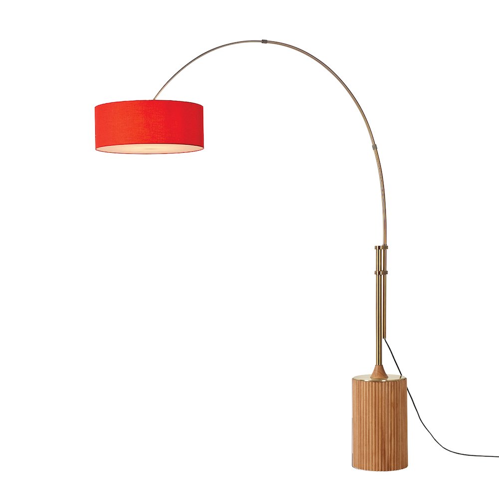 Tambo Stretch 92"H 1-Light Arc Lamp, Crimson Red Linen Drum Shade, Light Wood. Picture 1