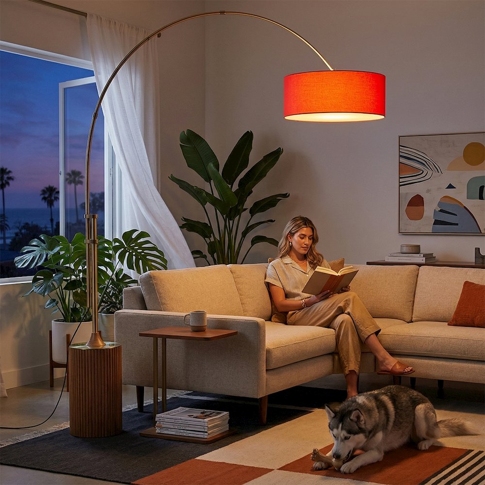 Tambo Stretch 92"H 1-Light Arc Lamp, Crimson Red Linen Drum Shade, Light Wood. Picture 2