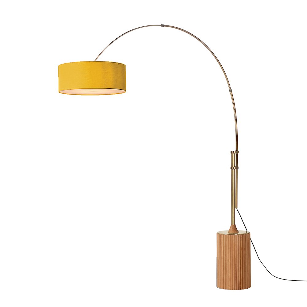 Tambo Stretch 92"H 1-Light Arc Lamp, Mustard Linen Drum Shade, Light Wood Base. Picture 1