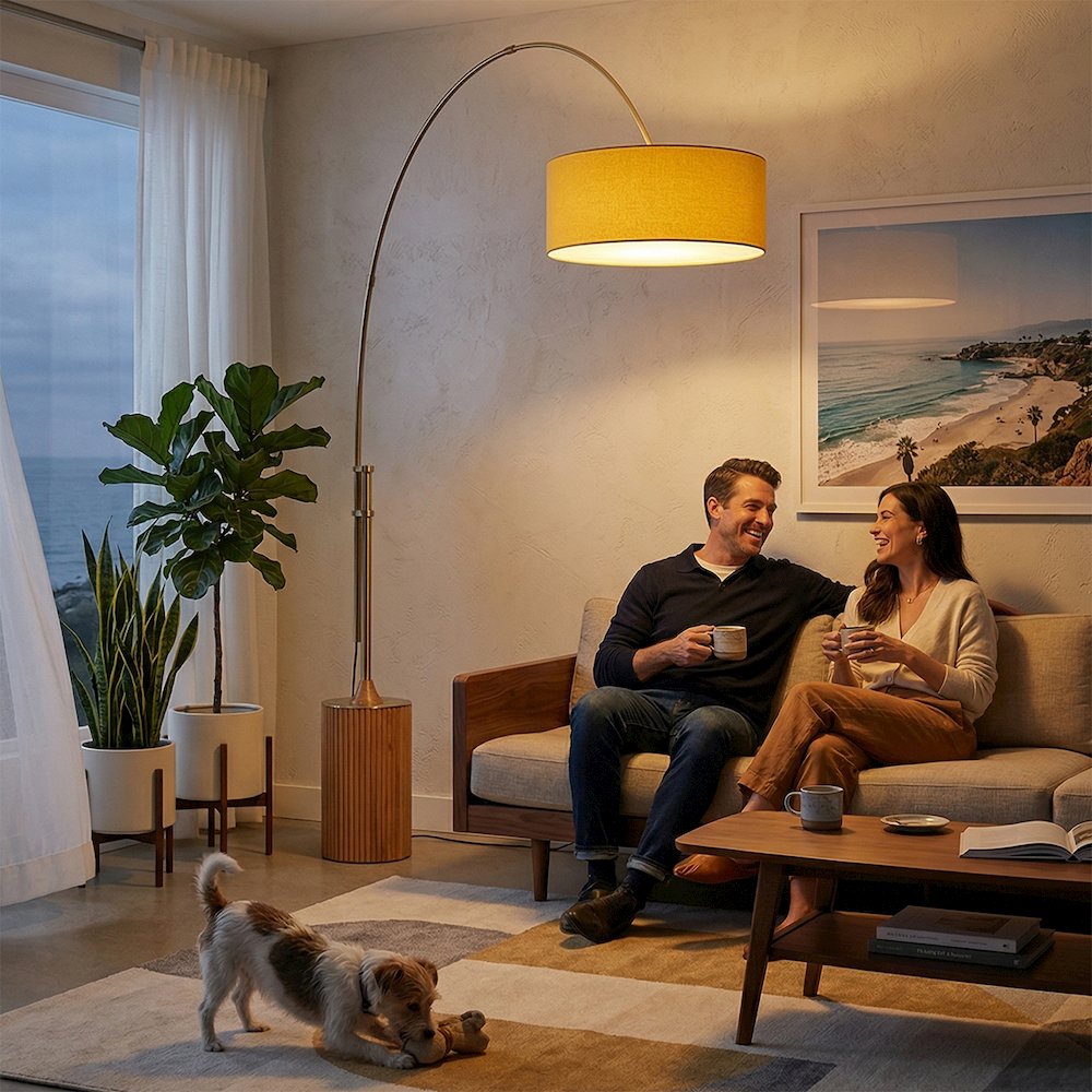 Tambo Stretch 92"H 1-Light Arc Lamp, Mustard Linen Drum Shade, Light Wood Base. Picture 2