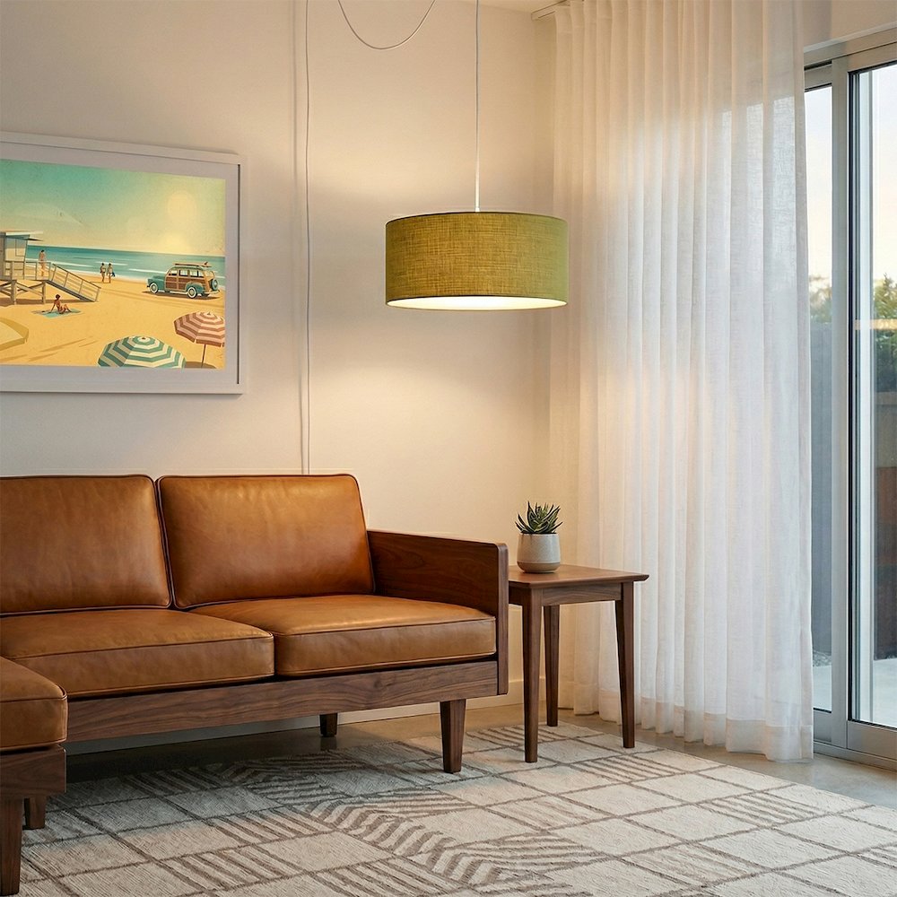 Stretch Swag Lamp, Avocado Linen Drum Shade, Satin Nickel. Picture 3