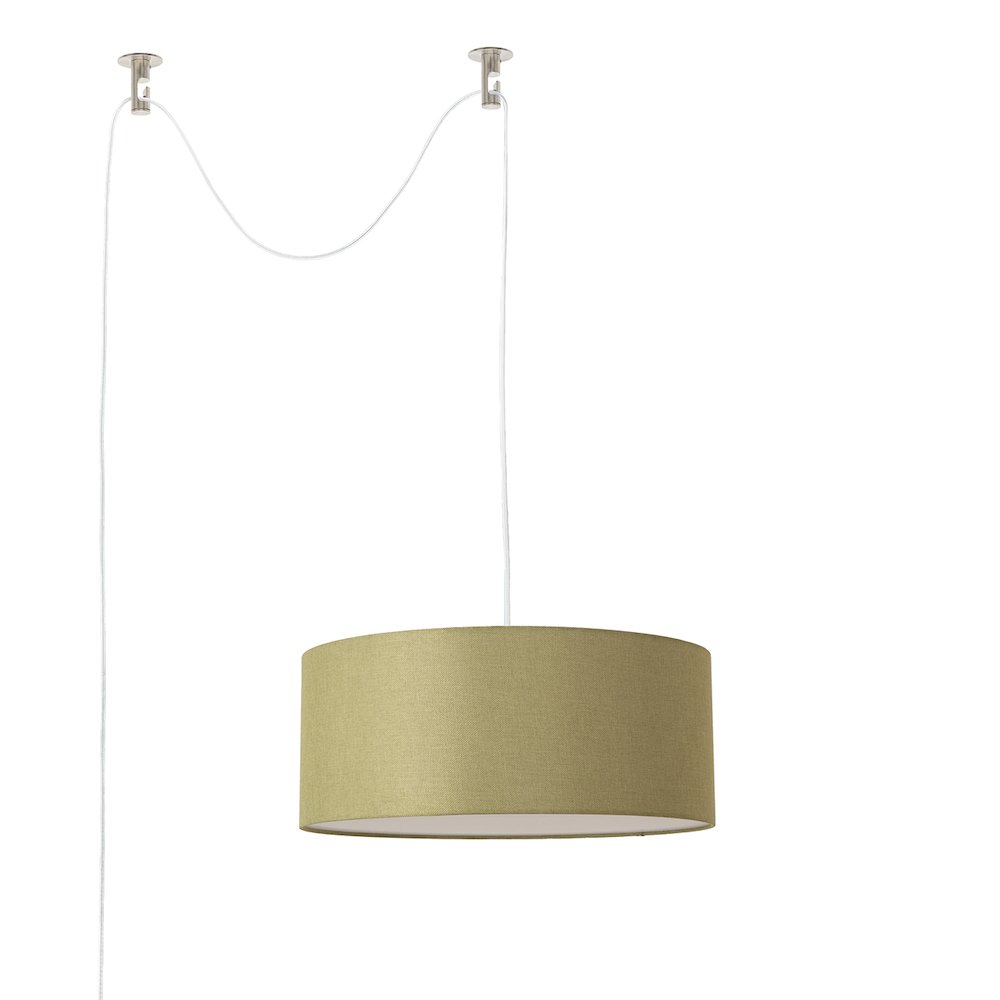 Stretch Swag Lamp, Avocado Linen Drum Shade, Satin Nickel. Picture 1