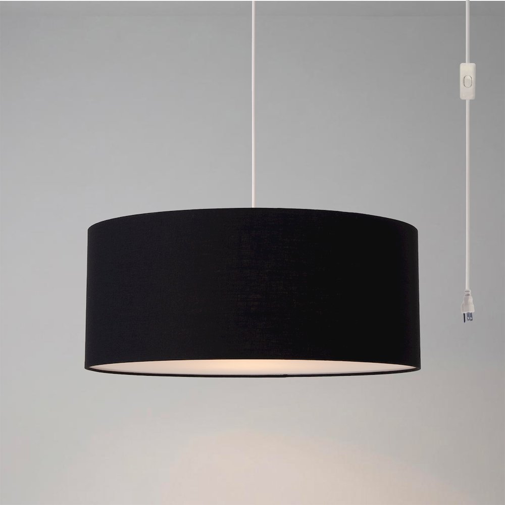 Stretch Swag Lamp, Black Linen Drum Shade, Satin Nickel. Picture 2