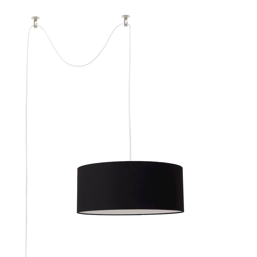 Stretch Swag Lamp, Black Linen Drum Shade, Satin Nickel. Picture 1