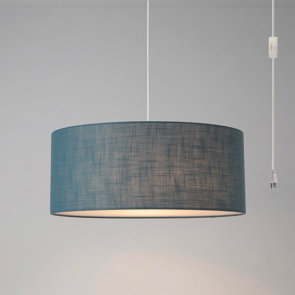 Stretch Swag Lamp, Pool Blue Linen Drum Shade, Satin Nickel. Picture 2