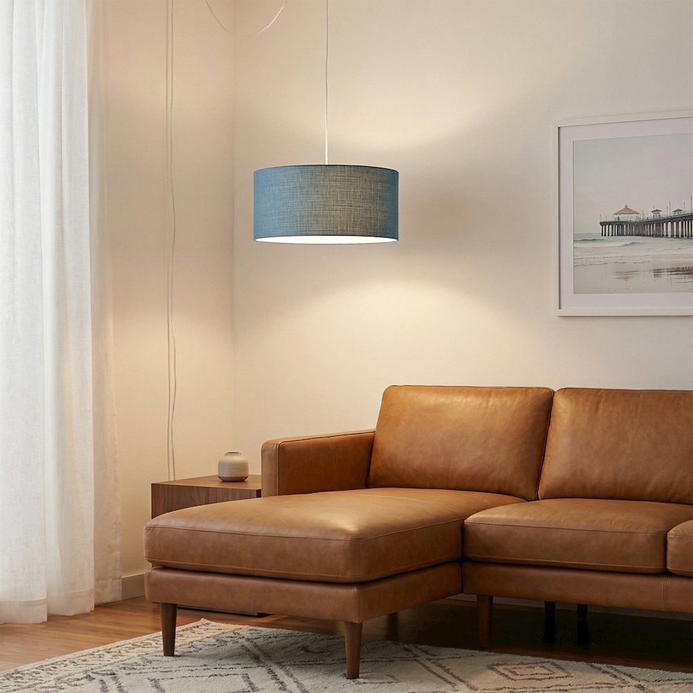 Stretch Swag Lamp, Pool Blue Linen Drum Shade, Satin Nickel. Picture 4