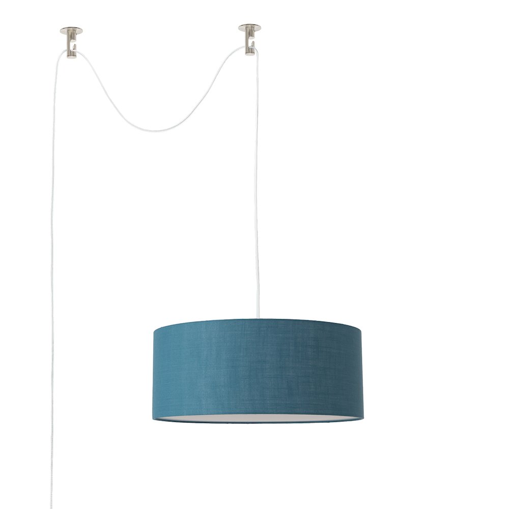 Stretch Swag Lamp, Pool Blue Linen Drum Shade, Satin Nickel. Picture 1