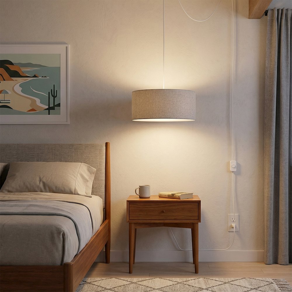 Stretch Swag Lamp, Cashmere Gray Linen Drum Shade, Satin Nickel. Picture 4