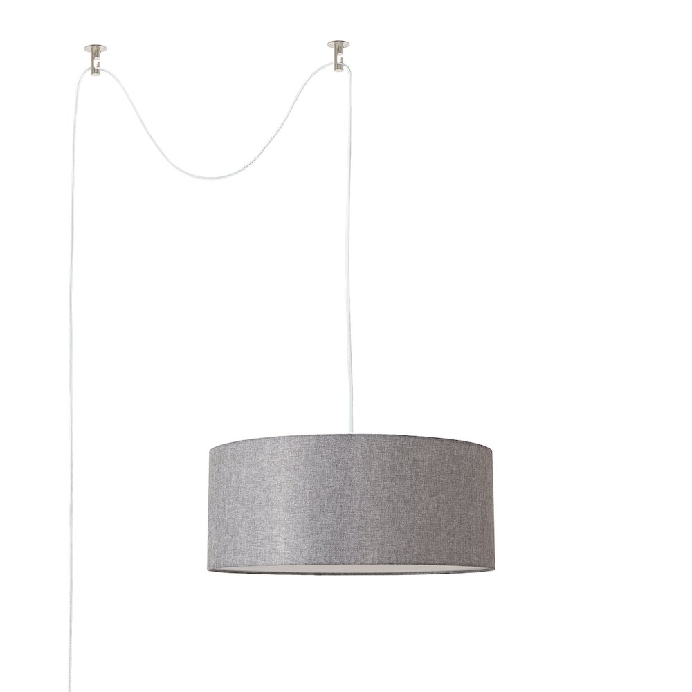 Stretch Swag Lamp, Cashmere Gray Linen Drum Shade, Satin Nickel. Picture 1