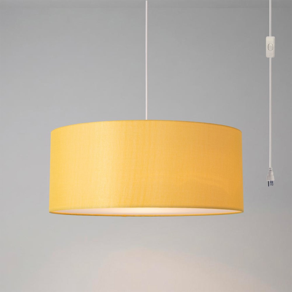 Stretch Swag Lamp, Mustard Linen Drum Shade, Satin Nickel. Picture 2