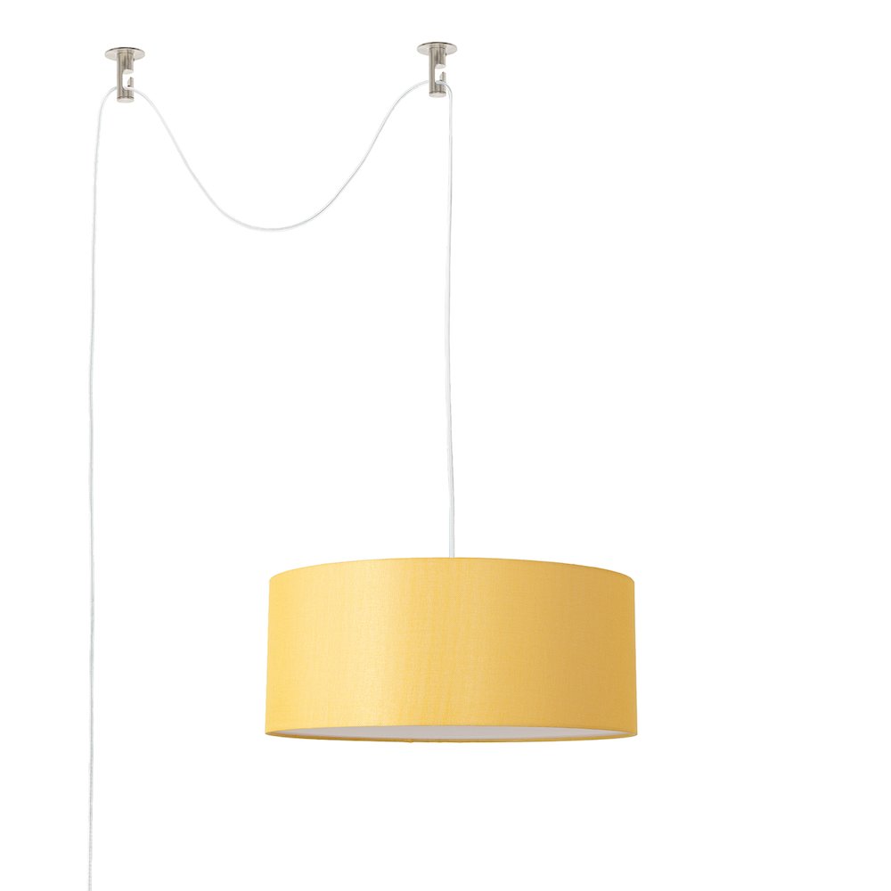 Stretch Swag Lamp, Mustard Linen Drum Shade, Satin Nickel. Picture 1