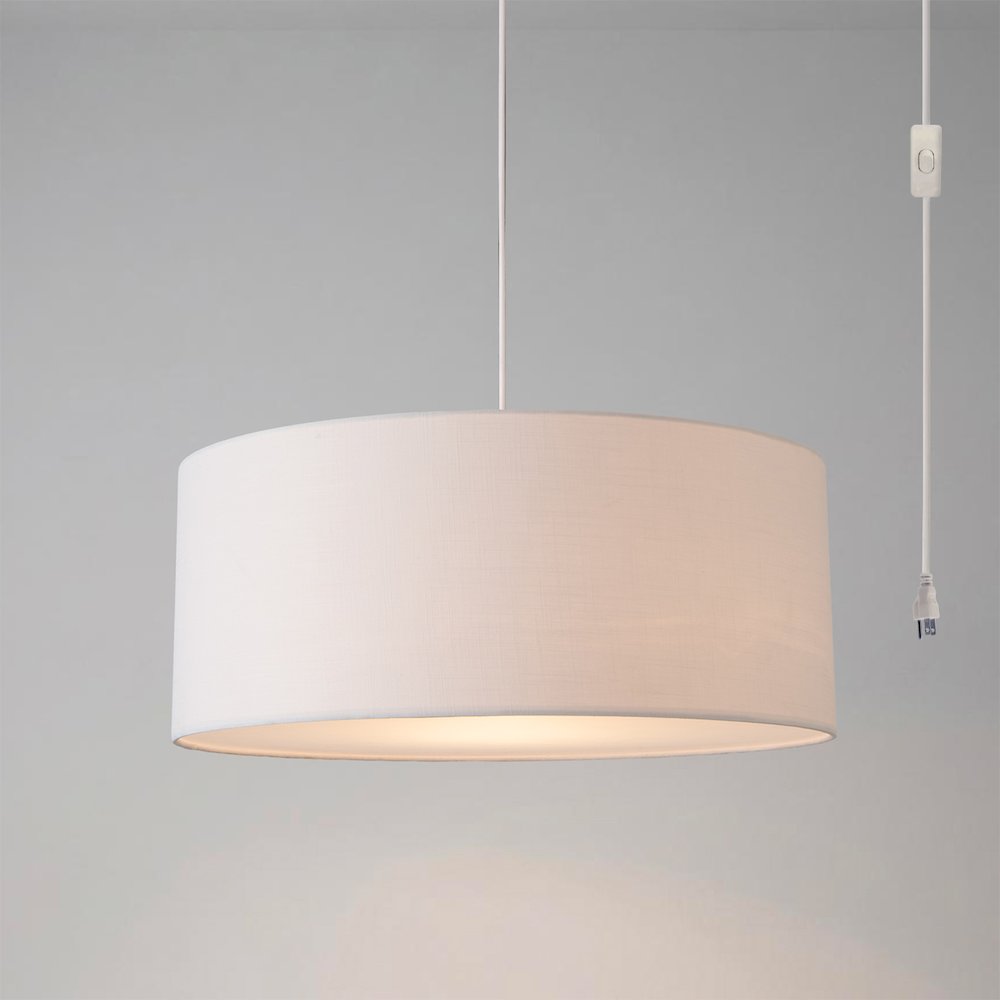 Stretch Swag Lamp, White Linen Drum Shade, Satin Nickel. Picture 2
